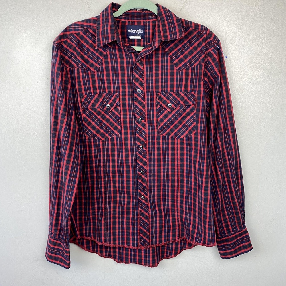 Wrangler Shirt Mens Medium Red Blue Plaid Western‎ Pearl Snap Long Sleeve Rodeo